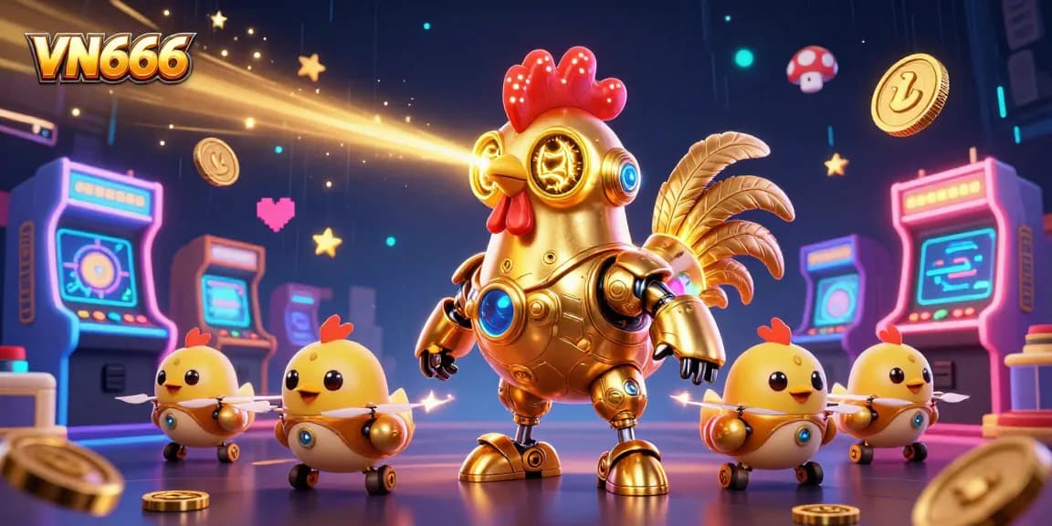 Experience exciting gameplay with VN666's vibrant casino scene featuring a golden rooster robot.
