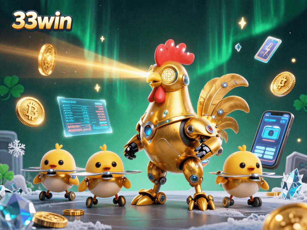 Engage with 33win in a vibrant futuristic casino scene featuring a golden rooster and crypto elements.