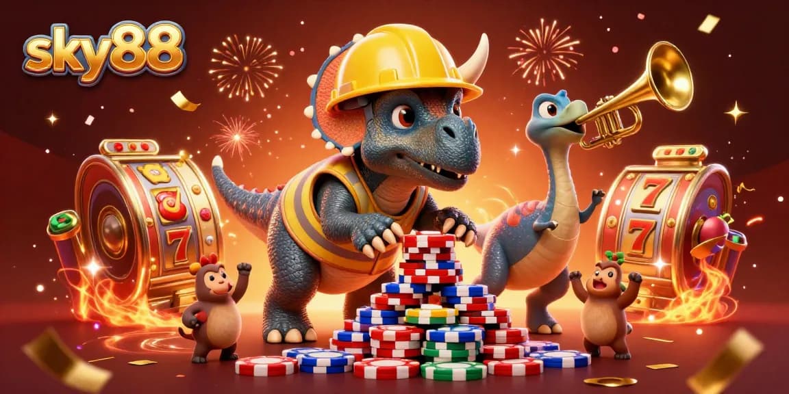 Join the excitement at sky88 with joyous dinosaurs building poker chip towers in a vibrant casino atmosphere.