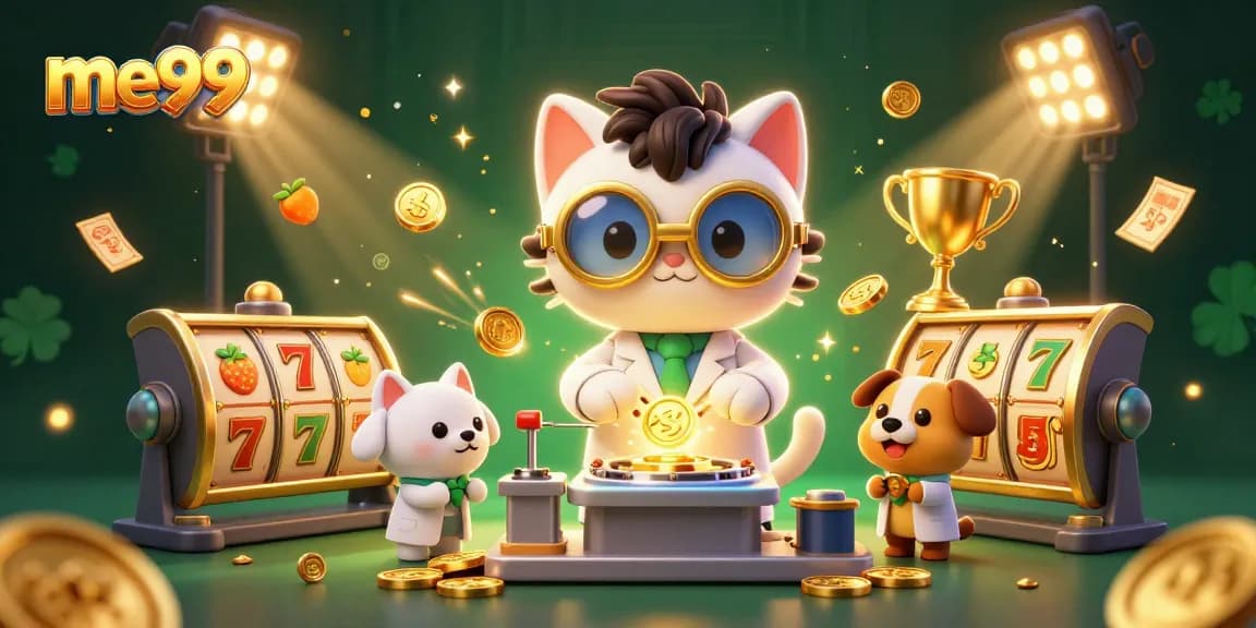 Join the fun with me99 as a 3D cartoon cat and dog create gold coins amidst thrilling slots action.