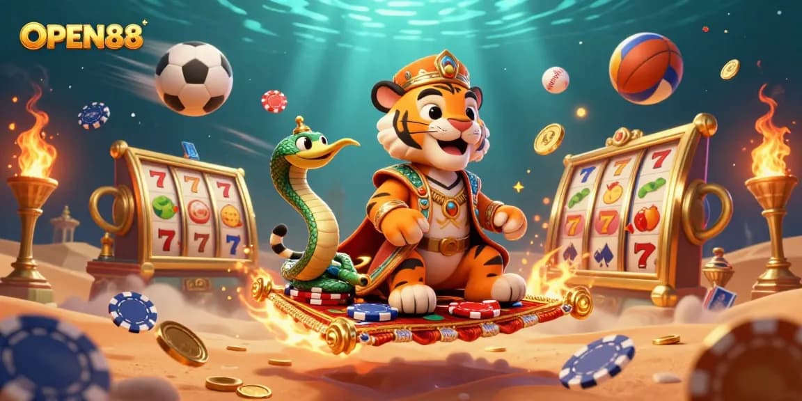 Engage with OPEN88 at a dynamic casino scene featuring a vibrant Arabian Nights theme with a tiger sultan.
