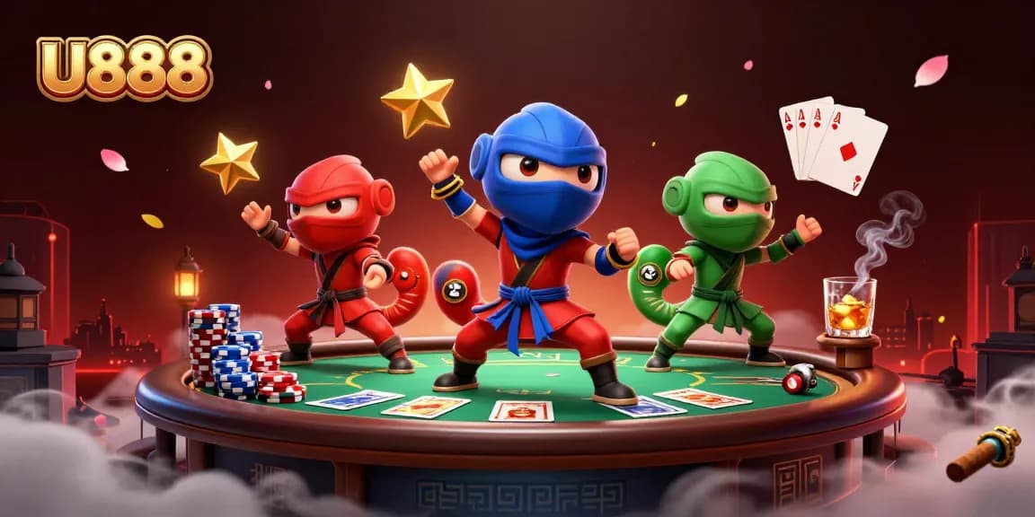 U888 showcases a 3D ninja chameleon team in martial arts poses amidst a vibrant casino backdrop.