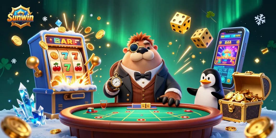 Experience thrilling gameplay at Sunwin with a jolly walrus, sophisticated penguin dealer, and pufferfish player amidst bursting slot jackpots.