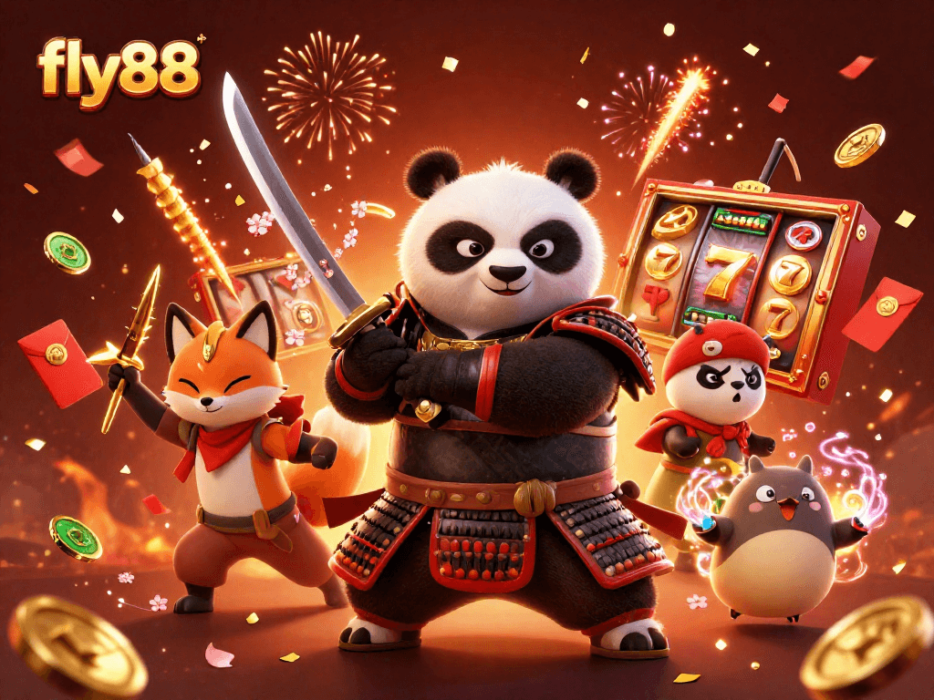 Experience thrilling gameplay with fly88, featuring vibrant samurai panda and ninja fox in an exciting casino setting.