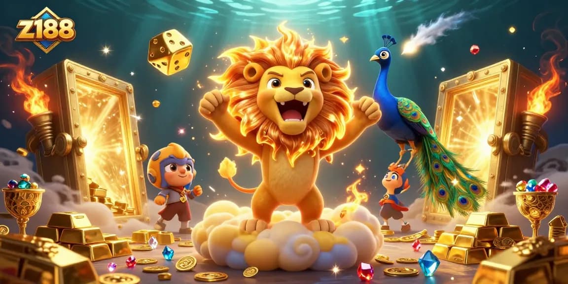 Experience thrilling gaming action with z188 in a vibrant 3D casino scene full of treasures and excitement.