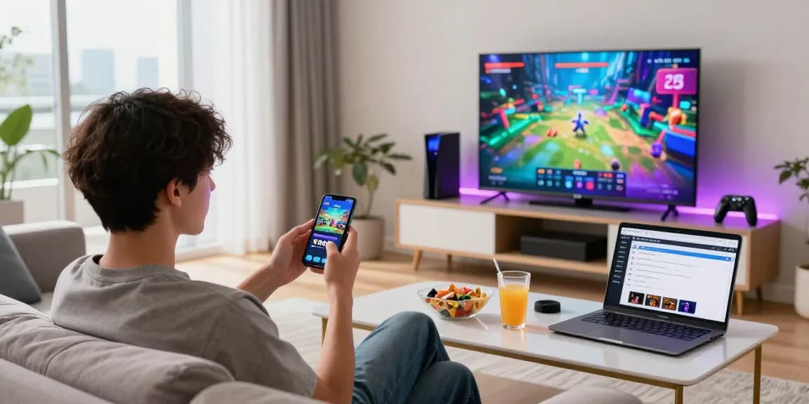Engaged gamer exploring the slot7000 platform in a bright living room.