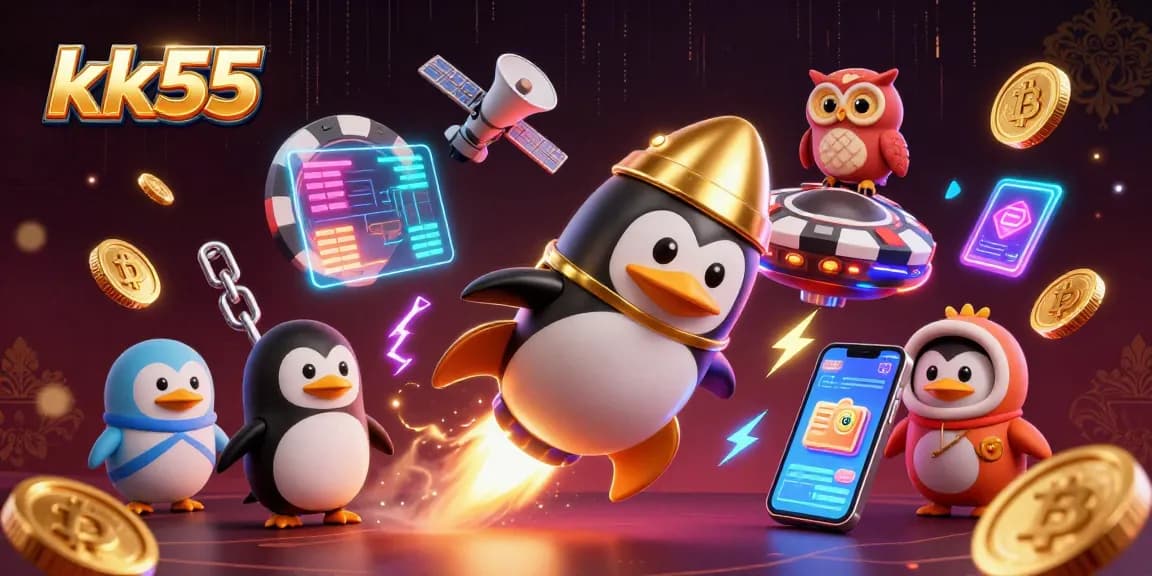 Join the exciting journey with kk55's golden penguin in a vibrant casino space adventure.