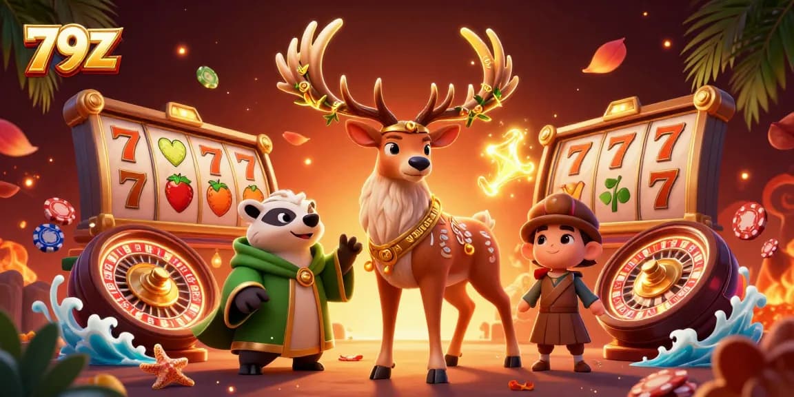 Engage with 79Z's immersive casino experience featuring joyful characters and dynamic game elements in a vibrant scene.