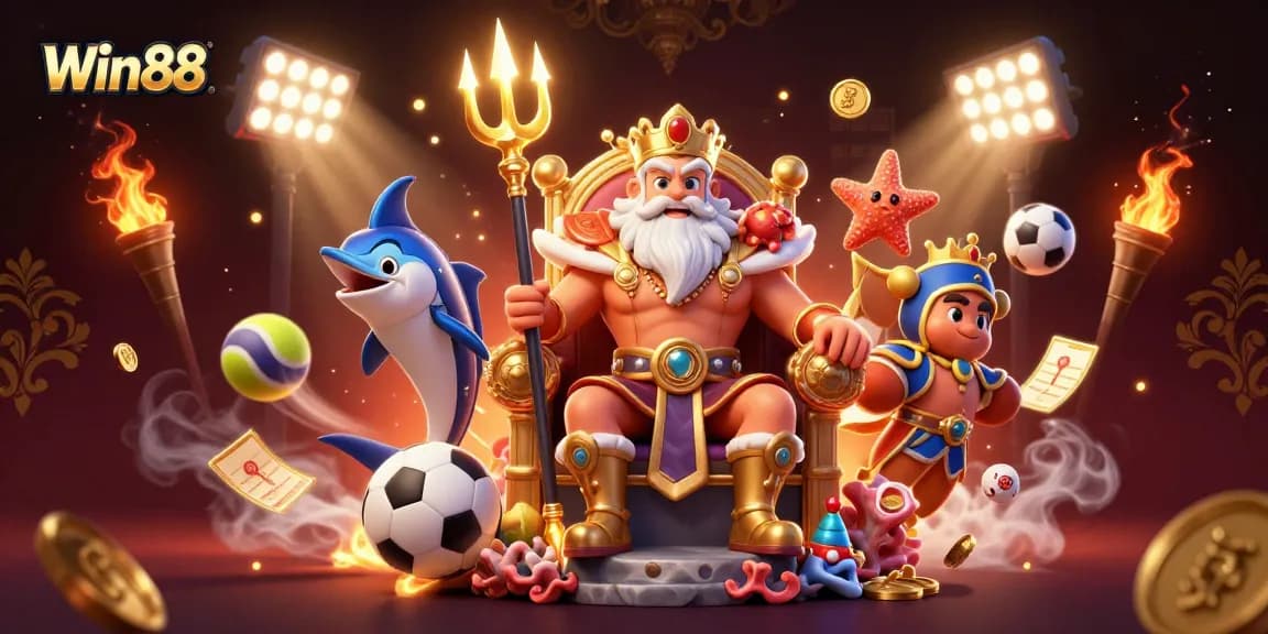 Win88 showcases an epic scene with Neptune, sports balls, and engaging casino elements