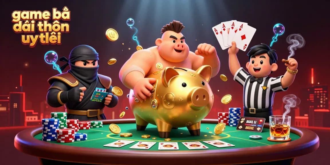 Experience game bài đổi thưởng uy tín with a dynamic 3D casino scene featuring colorful poker elements.