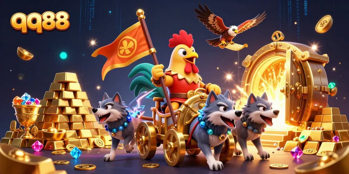 Experience the adventure of qq88 in this vibrant casino-themed illustration featuring a rooster warlord and treasures.