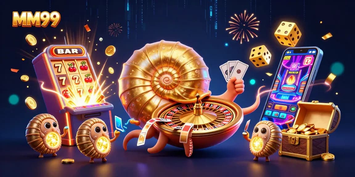 Engage with MM99's vibrant casino world featuring a giant nautilus roulette wheel bursting with games.