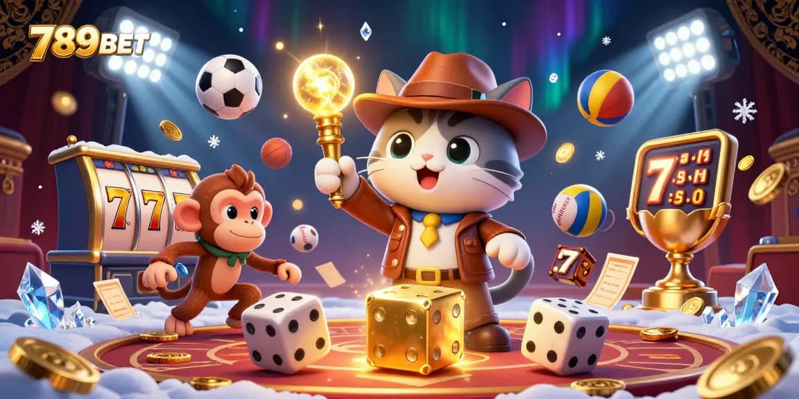 789BET encapsulates excitement with a cat explorer and monkey in a luxurious casino scene.
