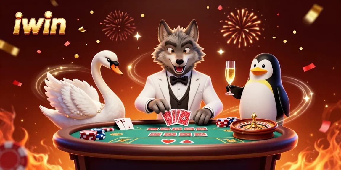 Experience the excitement of iwin casino with animated characters at a vibrant baccarat table.