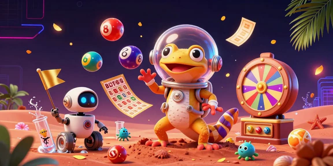 Engage with Say88's vibrant casino scene featuring a Martian gecko discovering golden treasures amidst colorful lottery excitement.