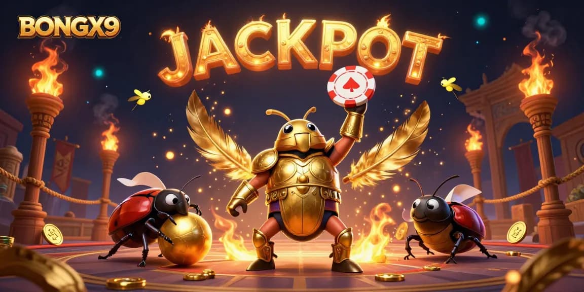 BONGX9 showcases thrilling casino excitement with a triumphant hercules beetle, jackpot indicators, and vibrant gaming elements.