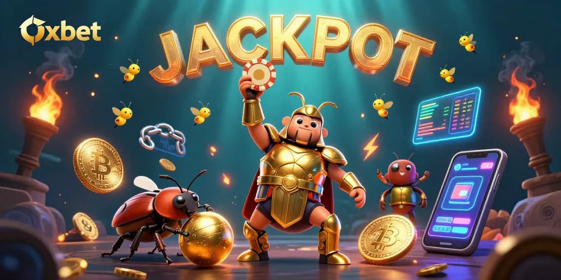 Experience the thrill of Oxbet with a 3D illustration featuring a victorious beetle champion and rich casino elements.