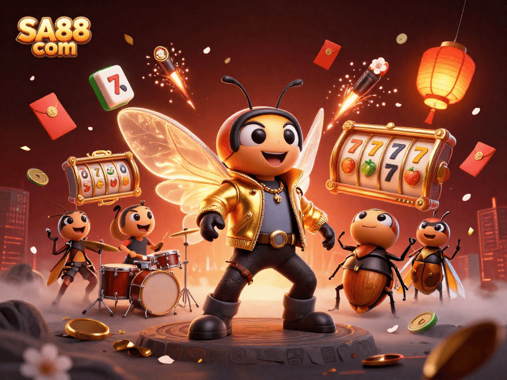 Experience thrilling gameplay at SA88 com with vibrant slot reels and engaging rock star characters.