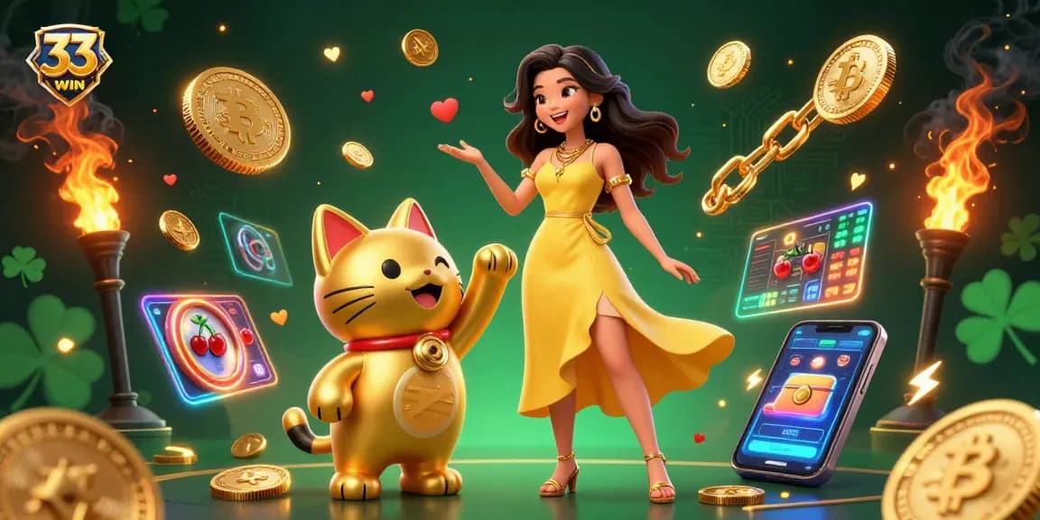 Engage with 33WIN's vibrant casino scene featuring a joyful woman and golden lucky cat amidst slot reels and crypto elements.