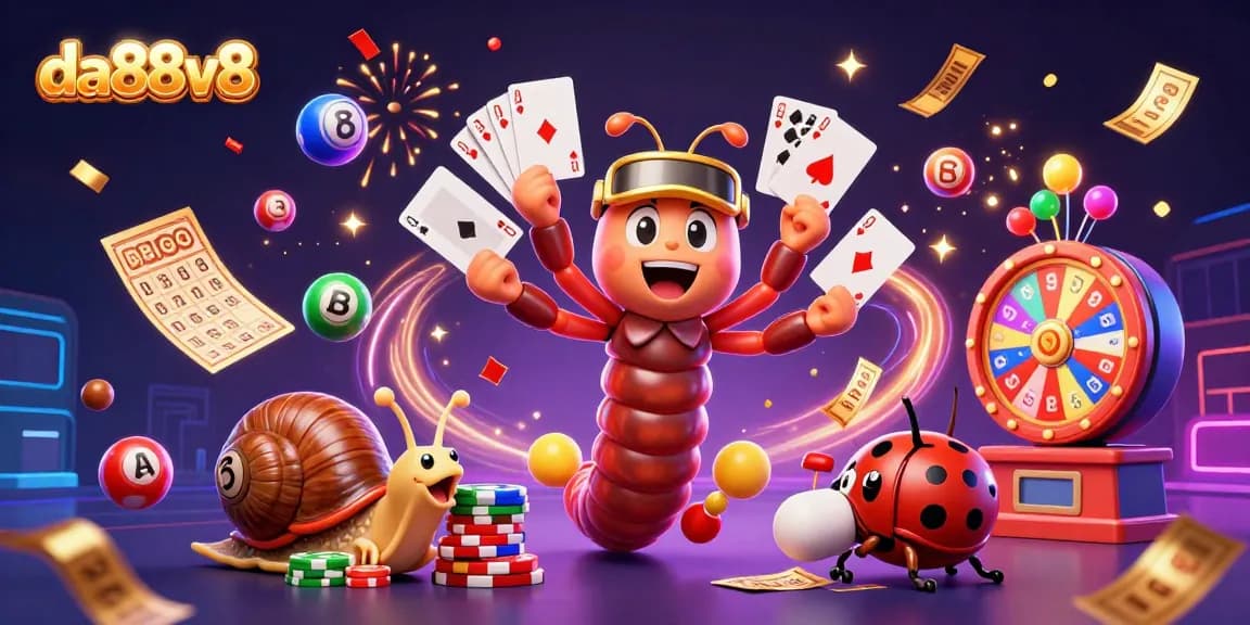 Engage with thrilling games at da88v8's vibrant 3D casino illustration featuring lively characters and dynamic elements.