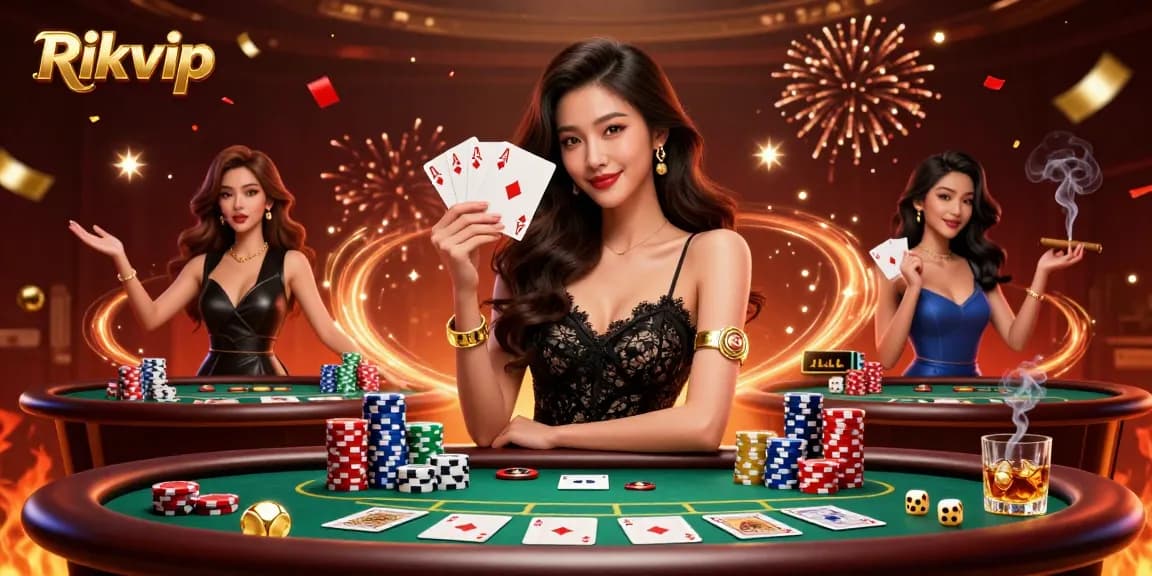 Win big with Rikvip at the vibrant casino, as an elegant woman reveals her winning hands of cards.