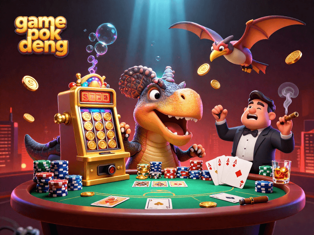 Play game pok deng with dynamic casino illustration, featuring active characters and vibrant gambling elements.