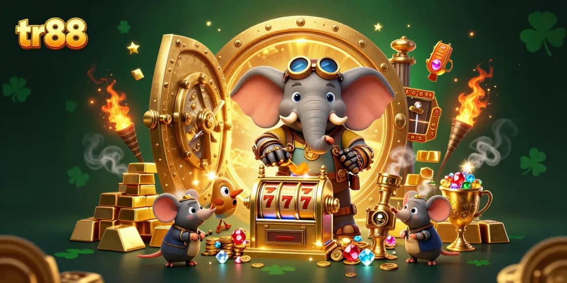 Experience tr88's thrilling jackpot action with an adventurous steampunk elephant at a vibrant casino scene.