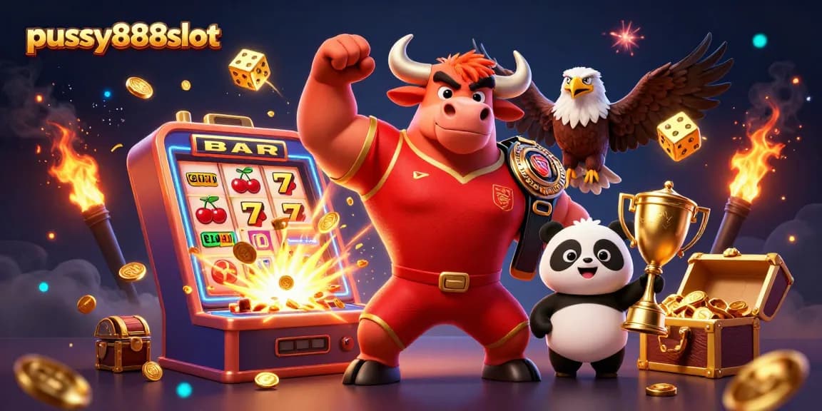Join the excitement of pussy888slot as bull, eagle, and panda celebrate massive jackpots in a vibrant casino scene!