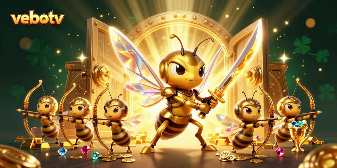 Engage with vebotv as the giant hornet battles through sparkling treasure in a vibrant casino scene.