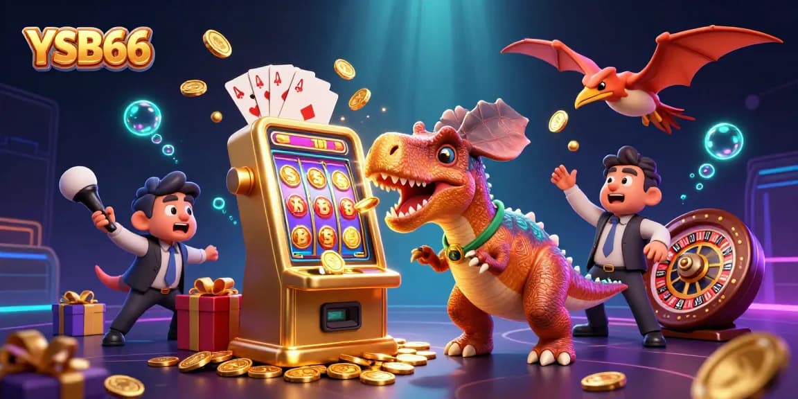 YSB66 offers exciting jackpot rewards as a pachycephalosaurus interacts with a winning slot machine in a vibrant casino environment.