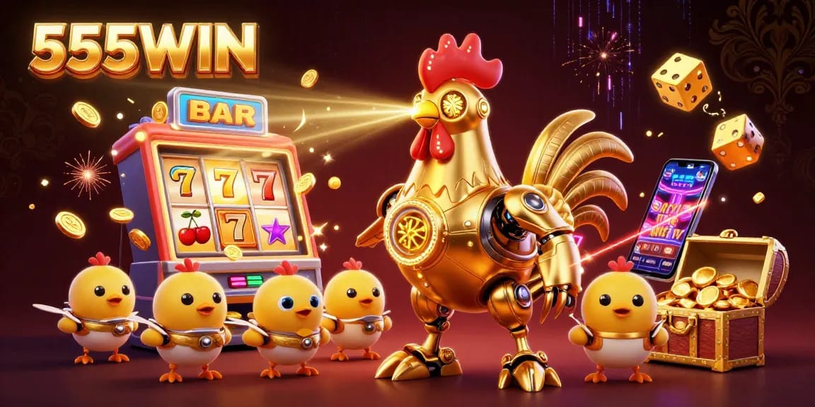 Experience thrilling 555WIN jackpots with a dynamic golden rooster robot and playful chick drones.