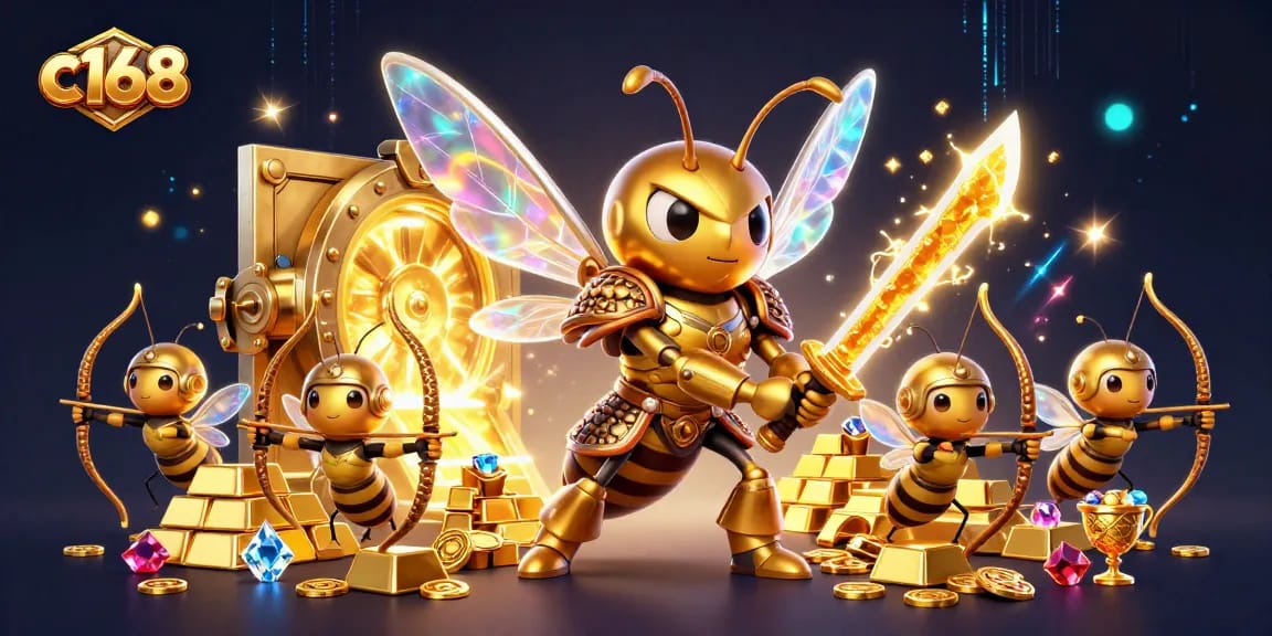 C168 players celebrate big wins with a vibrant 3D casino scene featuring gold and jewels.