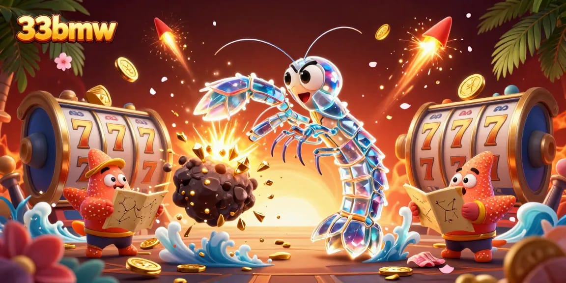 Engage with 33bmw's exhilarating gaming experience, featuring vibrant slot reels and galactic characters.