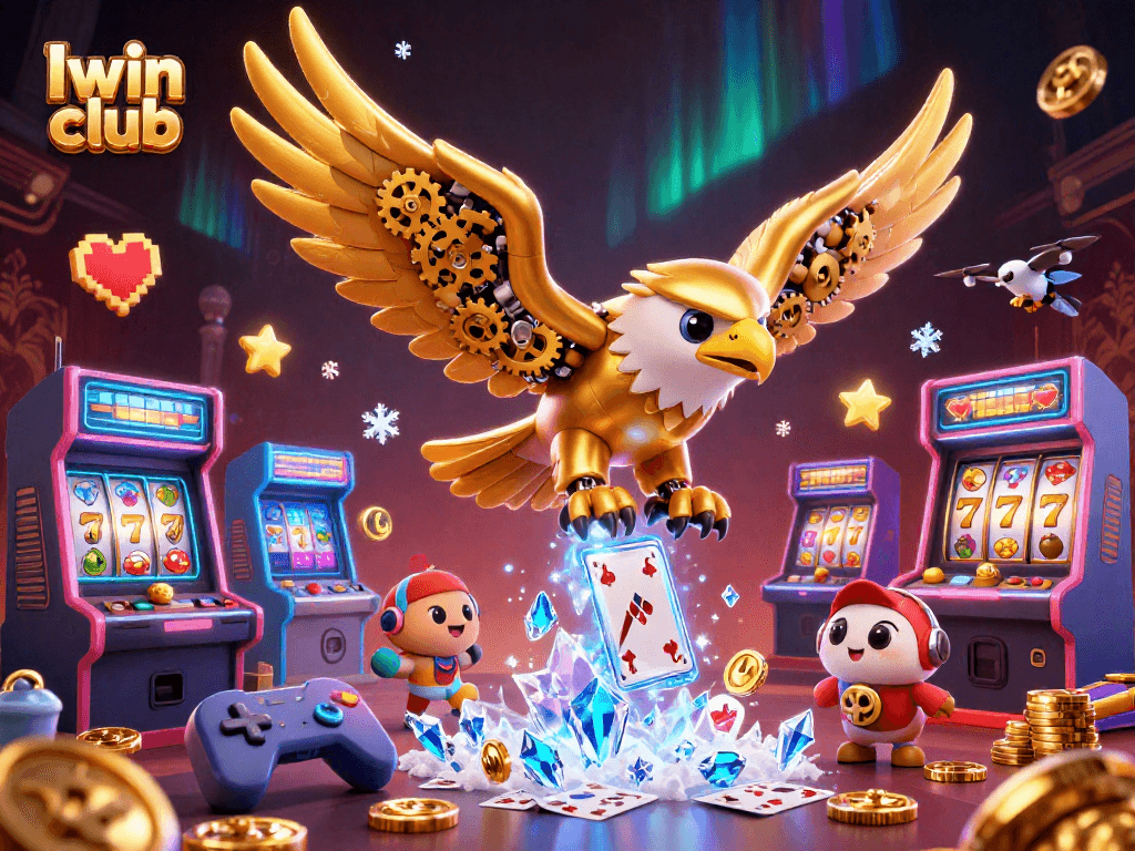 Iwin club showcases a dynamic scene with a cybernetic eagle surrounded by vibrant casino elements.