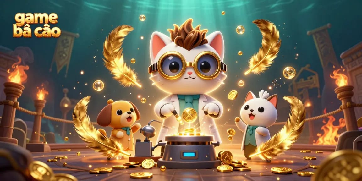 Engage in game bài cào with a vibrant scene of a mad scientist cat and dog amidst dynamic betting elements.