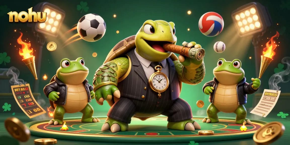 Nohu-themed casino scene with a snapping turtle mobster, bullfrog enforcers, and dynamic sports elements.