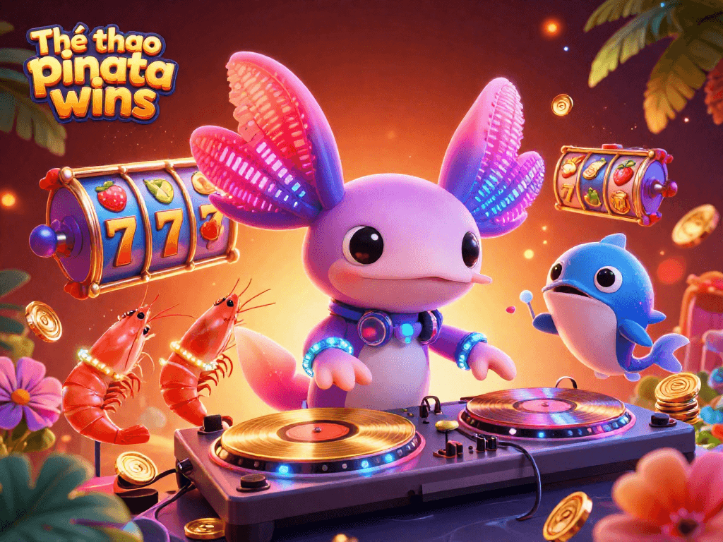 Engage with Thể thao pinata wins as colorful slot symbols surround animated characters in a vibrant casino scene.