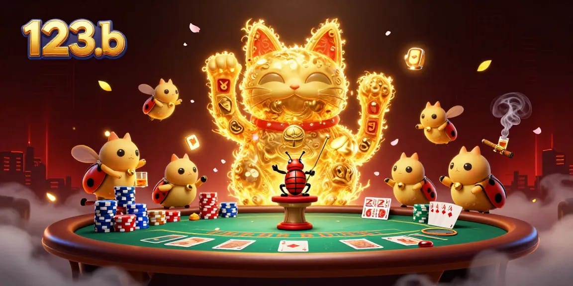 Experience the charm of 123b as a lucky cat surrounded by vibrant casino elements and poker excitement.