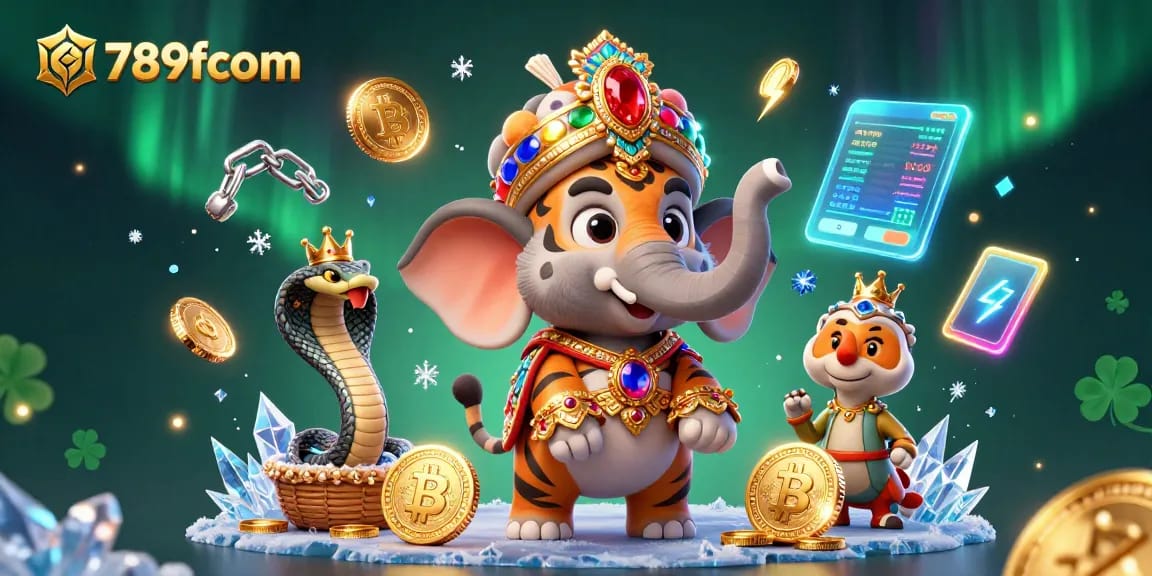 Experience the excitement of 789fcom with a vibrant 3D casino scene featuring a maharaja and an elephant amidst crypto coins.