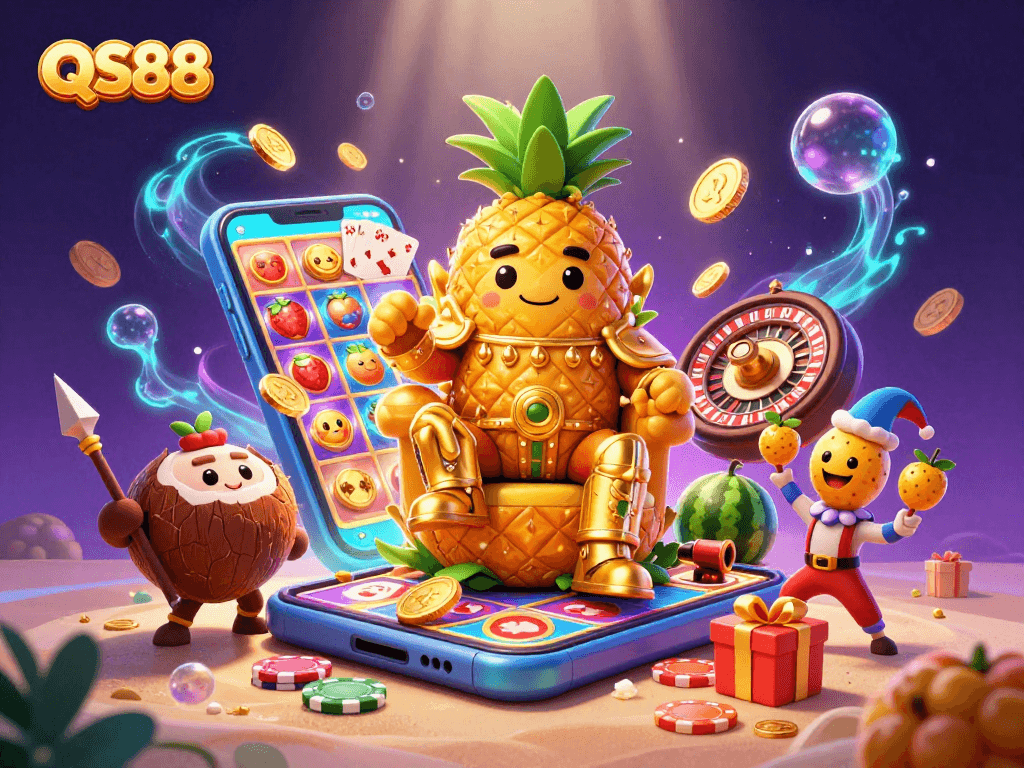 Engage in QS88's beach casino with the golden pineapple king and vibrant gambling elements.