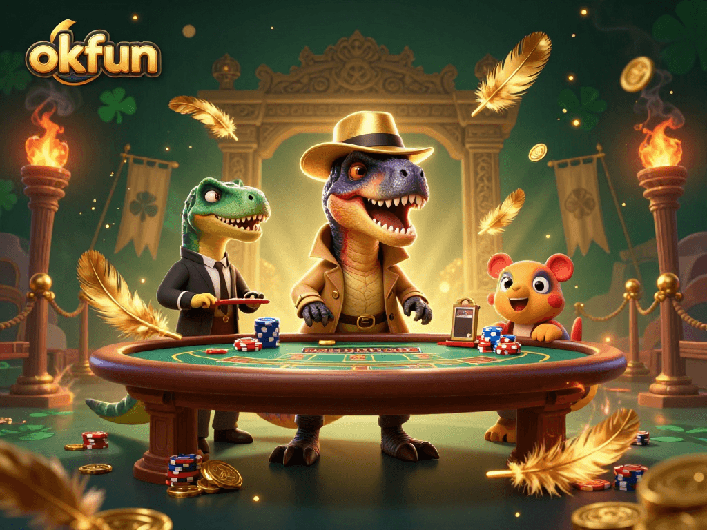 Experience the thrill of gambling with okfun as a 3D velociraptor card counter and friends at a vibrant casino table.