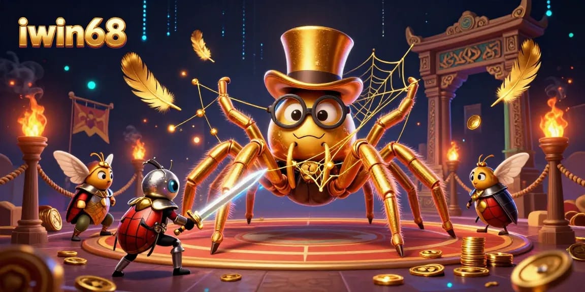 A brave beetle knight faces off against a golden tarantula in a vibrant iwin68 casino scene.