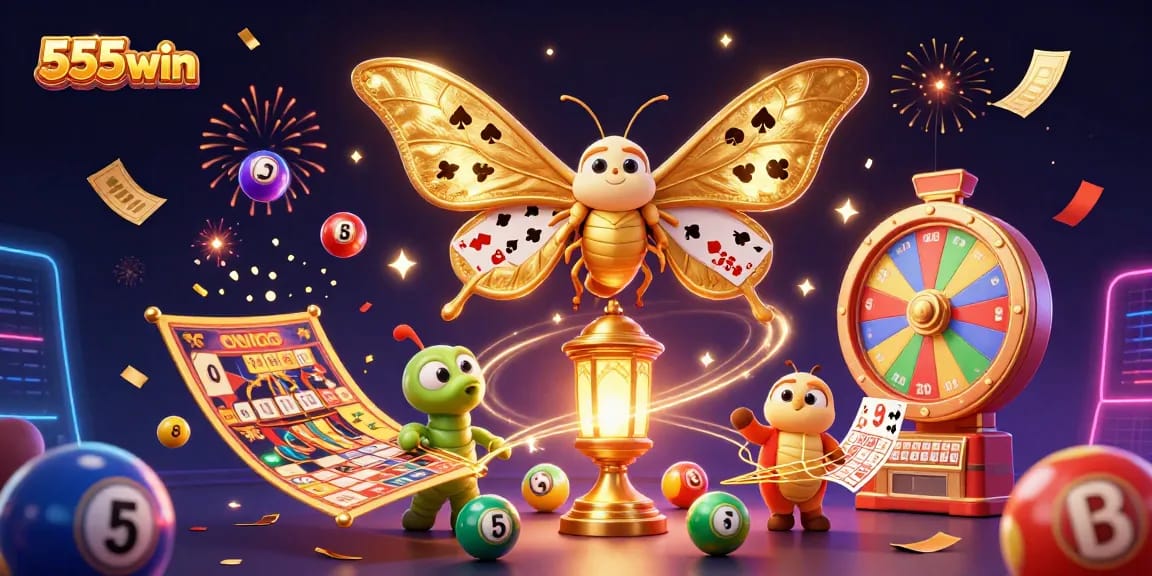 Engage in immersive gameplay with 555win, featuring a vibrant scene of lottery and casino elements.