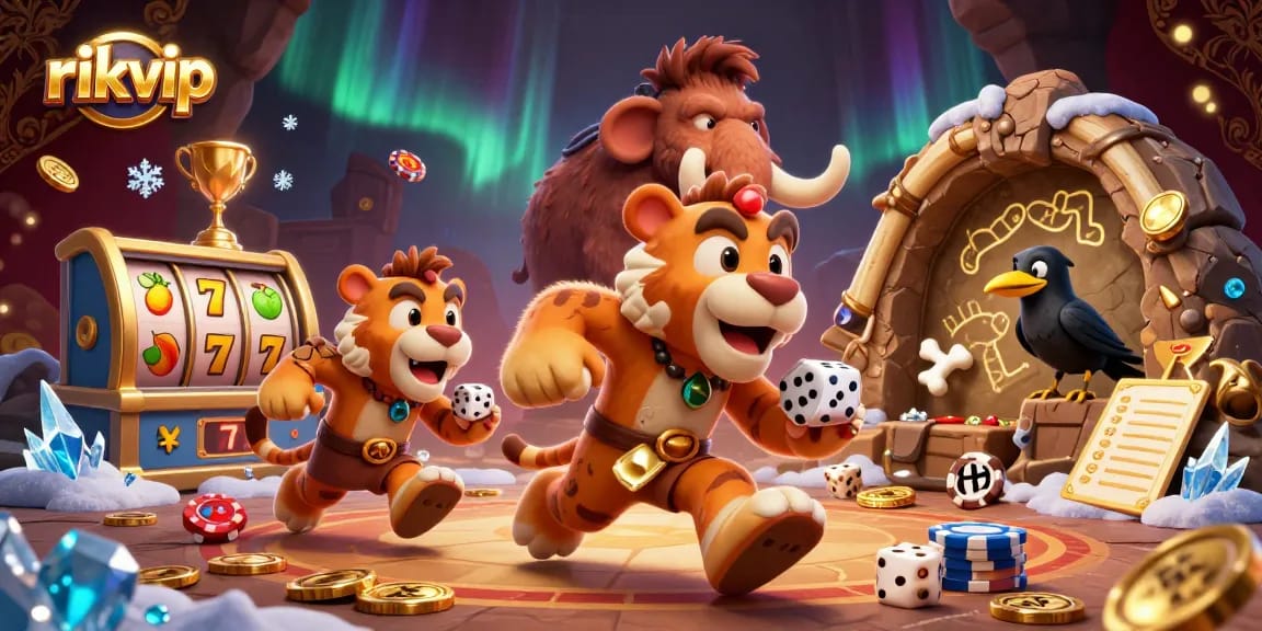 Experience thrilling slots action with rikvip's unique prehistoric casino setup featuring lively characters.