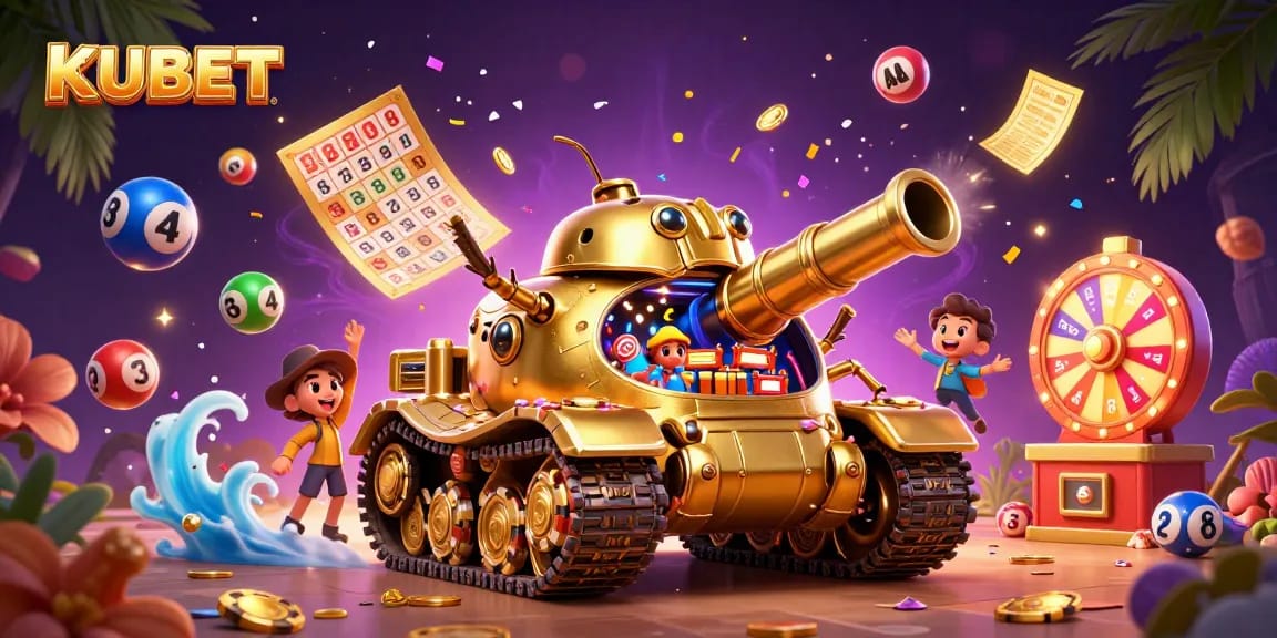 KUBET brings exciting casino adventures inside a golden beetle tank with vibrant gaming elements.