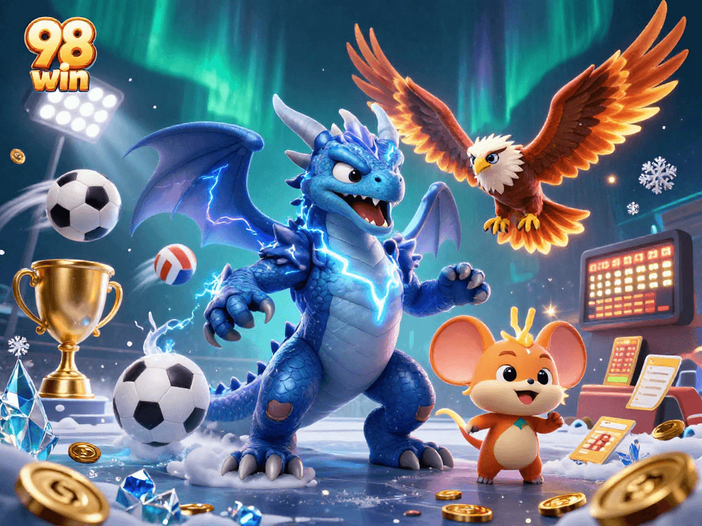 Experience the thrill of 98 win with electrifying characters and vibrant gaming elements in a dynamic casino scene.
