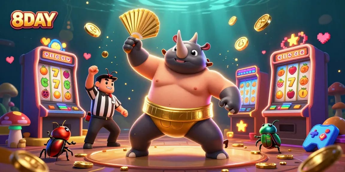 8DAY’s thrilling casino experience with a 3D beetle champion amidst vibrant slot machines.