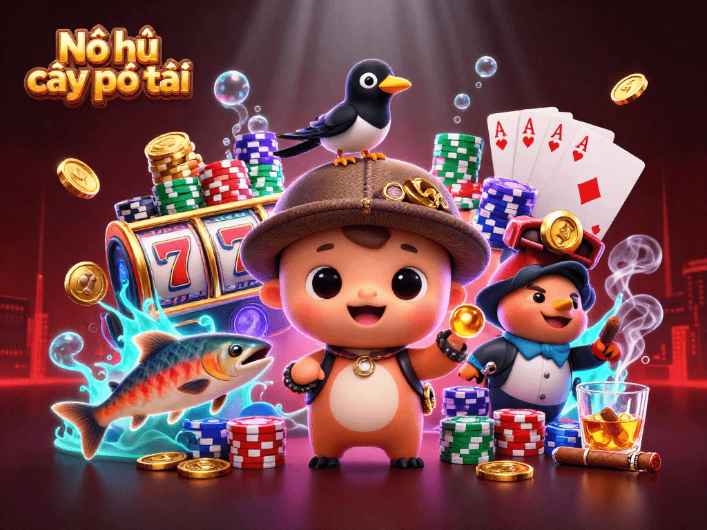 Nổ hũ cây phát tài through a vibrant scene with cartoon characters, slot reels, and colorful poker elements