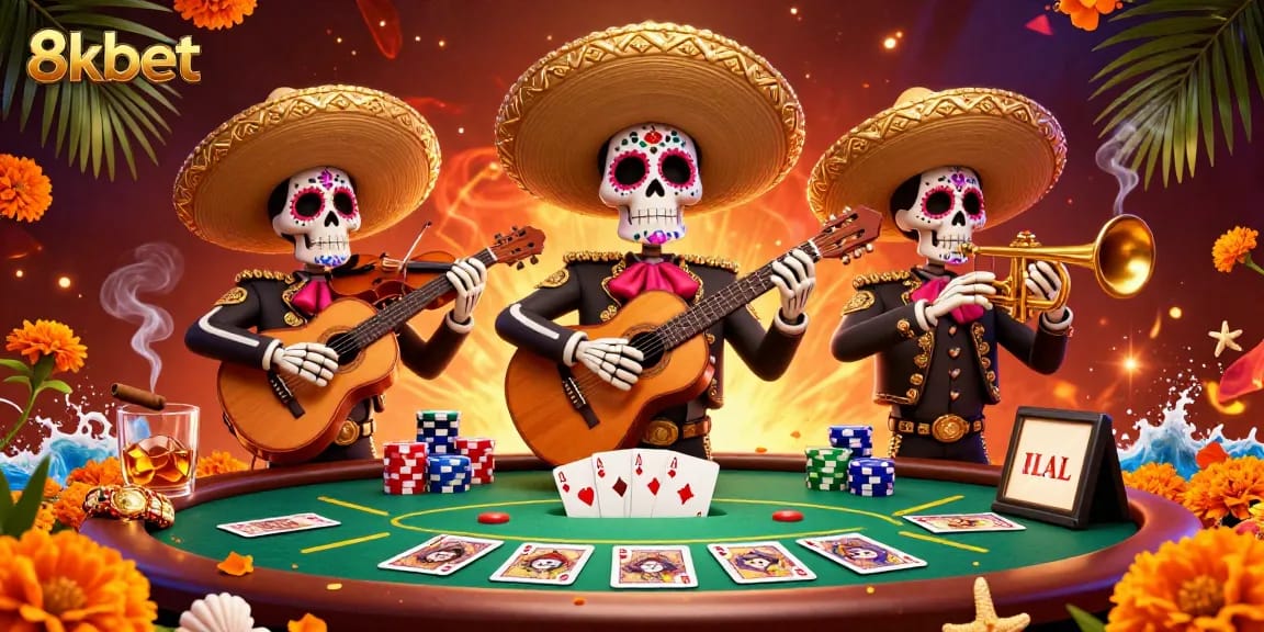 Engage with 8kbet's adventurous gaming scene featuring a vibrant mariachi band amidst a lively poker table setup.