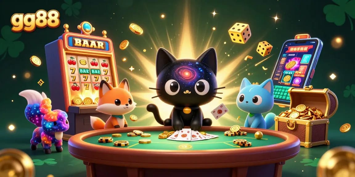Experience the excitement of gg88 casino with a cosmic 3D scene of gambling treasures and playful characters.